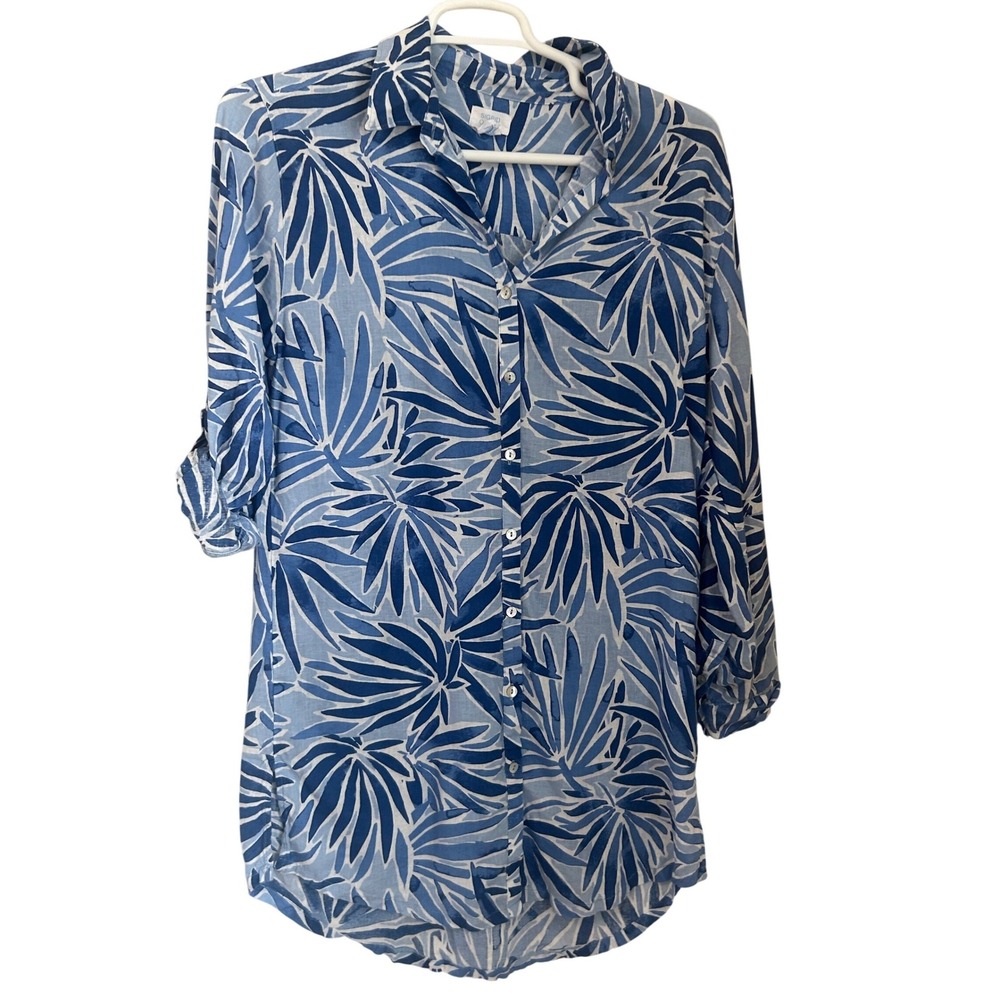Sigrid Olsen Womens Size L Blue Tropical Palm Linen Blend Roll Tab Swim Coverup